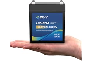 ERYY Batteria LiFePO4 12V 6Ah, 4000+ Cicli Mini Batteria al Litio con BMS 8A, Batteria Ricaricabile Leggera per Campeggio, Accumulo di Energia Solare, Telecamere di Sicurezza, Ecoscandaglio, Router