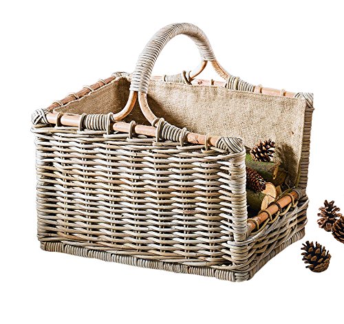 Kaminholzkorb Universalkorb Kaminkorb Rattankorb Holzkorb Holztrage Rattan grau Leinenstoff