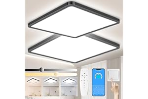 Yexati Lot de 2 Plafonnier LED Télécomman, 24W Luminaire Plafonnier Dimmable 3000K-6500K,Lampe Plafond Led Moderne Carré, 3200LM pour Salle de Bain Chambre Cuisine Salon Balcon,Noir,30CM