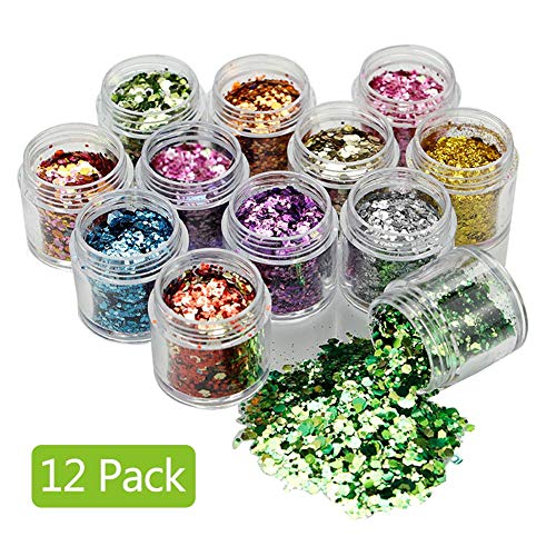 12 Colores Purpurinas Polvo, Maquillaje Glitter Chunky Body Glitter Festival de Cosméticos Purpurinas paillette Brillante Decoración para Pelo Uñas y Mejilla, Hexágonos de Diferentes Tamaños en Forma