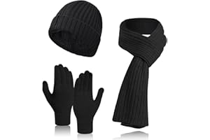 VidFair Winter Beanie Hat Scarf and Touch Screen Gloves Set Mens Black 3 in 1 Hat and Gloves Scarf Gifts Set for Men Knitted Soft Warm Hats Long Scarf Gloves for Men Women Winter Outdoor Sports