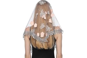 SAMHENG SanHeng Velo de Mantilla de Encaje Bufanda de Triángulo Impreso Velo de Lglesia Católica Bufanda de Capilla Cubre Cabeza Disfraz de Boda Bordado Borlas Masa Boda Noche Fiesta Disfraz Chal
