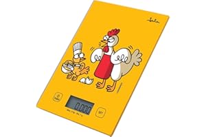 Jata 731K - Bascula Cocina Digital, Balanza Cocina Alta precisión, Peso hasta 5 kg, Pantalla LCD, Función tara, Base vidrio, Diseño Kukuxumusu, Medidas: 14 x 20 x 1,5 cm. Desconexión automática