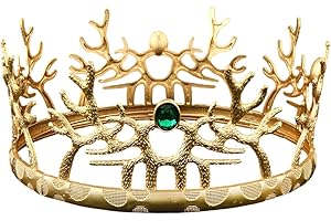 LEEMASING King Crown Medieval Retro Antler Round Crown For Wedding Birthday Pageant Cosplay Party Halloween (Gold With Green Stone)