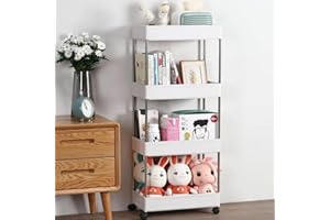 BAKAJI Chariot à roulettes Multi-usages pour Meubles, espaces, étroits, Fin et Confortable, Peu encombrant, Cuisine, Salle de Bain, Bureau, décoration intérieure, 4 étagères, Blanc (40 x 23 x 85 cm)