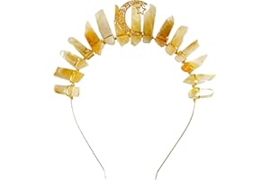Soulnioi Natural Citrine Headband Gold Wire Wrap Golden Moon with Stars Irregular Citrine Pillars Crown Headband for Gift of Party Birthday