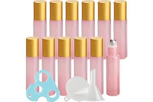 TIANZD Lot de 12, Flacons à Bille pour Huiles Essentielles 10ml – Bouteilles Roll-on en Verre Rose avec Couvercle Or avec Rouleau en Acier Inoxydable (1 décapsuleur et 1 entonnoir)