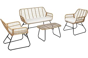 Happy Garden Salon de Jardin TIGA en résine tressée 4 Places - Coussins crème - 1 canapé, 2 fauteuils, 1 Table Basse