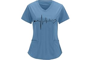 KBOPLEMQ Casacca Donna Cura Cuore Stampato Abbigliamento Da Lavoro Manica Corta Scollo A V per Infermiera Dentista Medici Cameriera Ospedale Cura Uniformi Top Camicia Casual