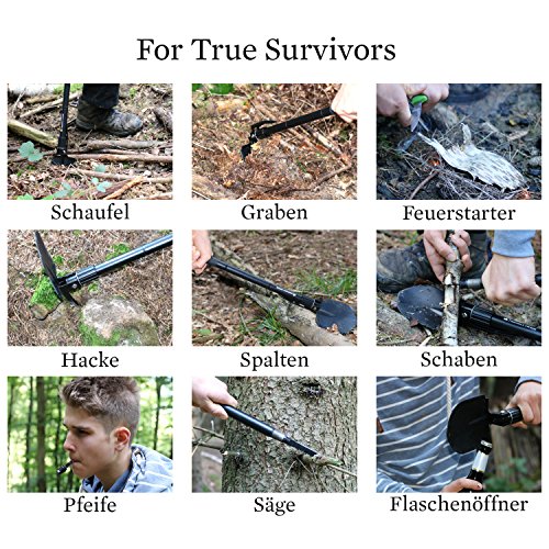 The Friendly Swede Multifunktions-Klappspaten inklusive Säge-Messer, Hacke, Feuerstahl, Glasbrecher, Tasche und Paracord-Seil - 3