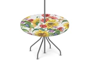 KNEMI Outdoor Round Tablecloth with Umbrella Hole, Sunflowers Patio Table Cover Fitted Tablecloth Waterproof Umbrella Table Cover for Party Picnic,Fit for 36"-44" Round Tables