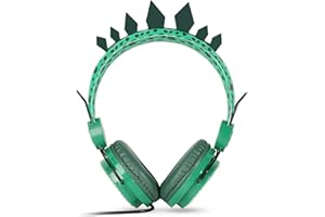 QOTSTEOS - Auriculares de Dinosaurio con micrófono para niños, Conector Jack de 3,5 mm, Auriculares con Cable en la Oreja, Diadema Suave y Ajustable para Clase en línea, Chat de Voz de vídeo (Verde)