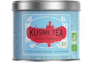 Kusmi Tea - Prince Vladimir Bio - Thé Noir Earl Grey Bio à l'Orange, Aromatisé aux Agrumes, Cannelle, Bergamote, Vanille et Épices - Boîte Thé Métal 100g - Quantité pour environ 50 Tasses