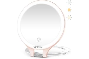 WEILY Specchio Trucco con Luci, 10X/1X Specchio Ingranditore, Bifacciale Specchio da Viaggio, con 3 Luci Colorate, Controllo Touch, Ricaricabile Portatile Specchio per Camera da Letto e Bagno(Rosa)