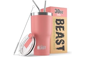 GREENS STEEL BEAST Termo Café para Llevar - 900ml I Flor I Taza Térmica de Acero Inoxidable Reusable I Taza Viajera de Doble Pared al Vacío I 2 Pajitas y Cepillo de Limpieza I para Café Frío o Caliente
