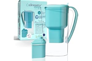 Carafe Filtrante d’Eau à Basse Émission 1.4L Sans BPA Certifiée UNE 149101:2015 – Filtre Purificateur - Réduit Chlore & Métaux Lourds + Écologique | Cruche Filtrante Eau – Water Filter Jug | ALKANATUR