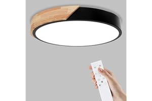Yexati Plafonnier Bois,Plafond Dimmable 3000K-6000K,Plafonnier Led Télécommandé,32W Luminaire Moderne Pour Le Salon, La Chambre Et Le Couloir, 30CM，Noir