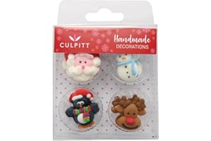 Culpitt Christmas Friends Sugar Pipings, Edible Royal Icing Decorations, Multi-Coloured Festive Cake and Cupcake Toppers, Santa, Snowman, Penguin, Ruloph - Pack of 12