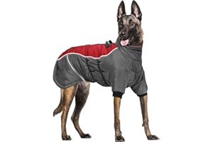 Woiil Hundemantel Warme Winterjacke für Grosse Hunde Winddicht Reißverschluss Hundejacke waschbar mit Geschirrloch Reflektorstreifen Hundekleidung Weihnachten Rot/Grau XL