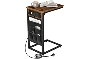 AMHANCIBLE C-Shaped Side Table, Bedside Table with Charging Station,2 USB & AC Outlets, End Table with Cloth Storage Bag, Sofa Table for Small Spaces, Coffee Table for Living Room, Brown HET04CBR-1