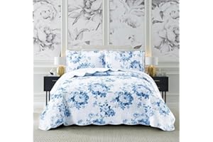 PRIME LINENS Luxury 2 Piece Quilted Printed Bedspread Set Throw Bedding Set Includes Soft Bed Throw Comforter with 1 Pillow Sham Embroidered Machine Wash (Vintage Floral Blue, Single)