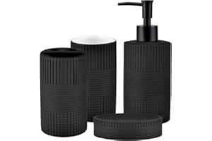 YABCY Badezimmerzubehör-Set mit Matter Prägung, komplett, EIN dezentes, luxuriöses Porzellan, 4-teilig, enthält Zahnputzbecher, Seifenschale, Becher und Spender, schwarz