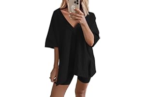 Famulily Summer Clothes Sets for Women Oversized V Neck Short Sleeve T Shirts and Cycling Shorts 2 Piece Outfits Tracksuits Loungewear Nightwear