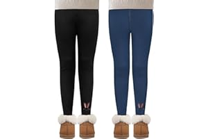 MASOCIO 2 Pack Leggins Felpati Termici Bambina Pantaloni con Ricamo di Coniglietto 4-13 Anni