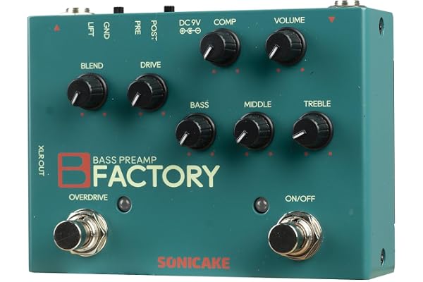 SONICAKE Pédale de basse avec overdrive Préamplificateur analogique Pédale d'effets de compression EQ 3 bandes Sortie XLR B Factory