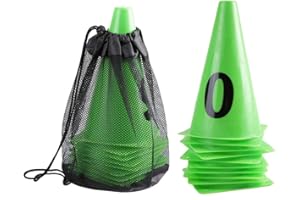 HUAIRDUM Cône de formation de football, 10pcs 23cm résistant à l'usure déformant vert Numéro de cône de formation de football vert 0-9 Barrières de football terrain de sport marqueurs de cône avec sac de corde
