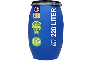 PLASTEO Barril de agua de 220 litros, Depósito de Agua, Resistente a la Intemperie, Resistente a las Heladas, Duradero, Apto para Alimentos, Aprobado para Mercancías Peligrosas, Calidad Industrial