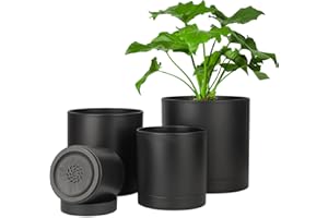 ‎T4U T4U 10/12.5/15/17.5 cm Plastic Flower Pot with Multiple Drainage Holes, Set of 4 Planters, Herb Pot with Saucer, Round Plant Pot for Indoor and Balcony Succulent Cactus, Black