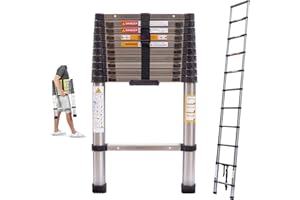 BOWOSE Multi-Purpose Heavy Duty Stainless Steel Telescoping Ladder - 3.2m, 330lbs Load Capacity, EN131 Certified, Compact & Portable