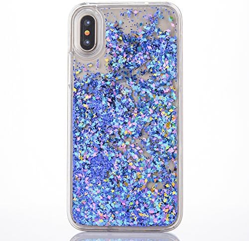 iPhone X Glitter Case ,SENCEE Fashion Creative Design Flowing Liquid Floating Bling Glitter Sparkle with Rhinestone Diamond Soft Cover Case for Apple iPhone X iPhone 10 + Tempered Glass (Blue Diamond)