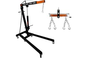 T-MECH SET Grúa de Motor Capacidad 1 Tonelada + Equilibrador de carga 900kg | Manilla de Bomba Hidráulica | 4 Posiciones de Brazo | Patas Plegables | Ruedas | Mango ajustable p/afinar centro de gravedad