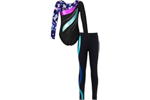 iEFiEL Mädchen Turnanzug Glitzer Gymnastik Leotard Langarm Akrobatik Anzug Tanzkostüme Turnbody Jumpsuit mit Sport Leggings