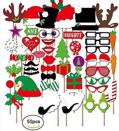 AZLife Christmas Photo Booth Props DIY Kit, Photo Accessories and Holiday Decoration for Adults and Kids (Pack of 50)