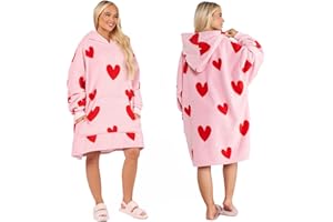 Dreamscene Heart Print Hoodie Blanket Sherpa Lined Fleece Womens Plush Oversized Giant Pull Over Soft Jumper Wearable Throw - Valentine Day Gifts