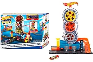 Hot Wheels City Super Twist Tire Shop - Taller con Rueda Gigante - Incluye Coche - Compatible con Conjuntos Hot Wheels - Regalo para Niños de 4-8 Años, HDP02