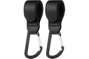 HONZUEN 2PCS Baby Buggy Clips for Pram, Leather Style Pram Clips for Bags with Carabiner Hook, Heavy Duty Stroller Hooks for Pushchair Stroller, Shopping Bags, Handbag (Black)