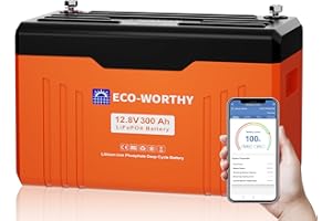 ECO-WORTHY Batterie Lithium 12V 300Ah LiFePO4 Bluetooth avec écran, Batterie lifepo4 avec 200A BMS Protection Basse température et Max. 15000 Cycles,3840Wh 12V pour Camping-Car,Panneau Solaire