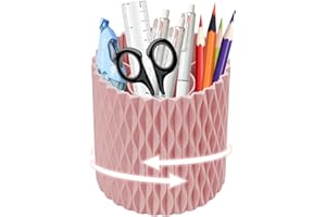 SHPUCISE 360° Rotating Desk Organiser Tidy with 5 Slots, Pen Pencil Holder for Office School Vanity, Durable Stationary Pot Organizer, Makeup Brushes Art Supplies Pots (Pink)