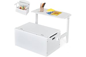 GYMAX 3 in 1 Kids Storage Bench, Convertible Toy Storage Box with Safety Hinge, Wooden Children Table and Chair Set for Playroom Bedroom (White)