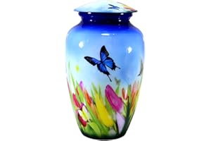 ESPLANADE Urne funéraire en métal | Urne funéraire taille normale pour cendres funéraires | Imprimé papillon avec fleurs | Bleu – 25,4 cm