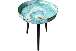 Simmer Stone Round Outdoor Side Tables with Detachable Wooden 3 Legs, Versatile Outdoor Tray Table, Perfect For Outdoor Round Coffee Table Tea, and Relaxation Time 17.7 Inch (Marble green)
