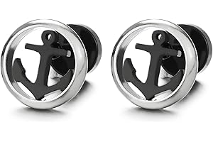COOLSTEELANDBEYOND Herren Damen Edelstahl Flach Marine Anker Kreis Ohrstecker Ohrringe, Silber Schwarz, Rock, Schraube Wieder