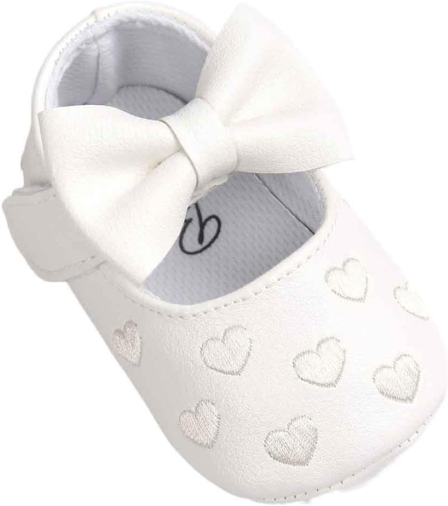Kolylong Baby Girl Prewalker Sweet love heart Bowknot Anti-slip Soft Sole Leater Shoes (12~18M, White)