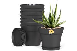 HOMEUOUZ Plastic Plant Pots Indoor, 8 Pack 4Inch/10CM Small Plant Pots Flower Pot with Drainage Holes and Tray,Modern Decorative Planter Pot for All House Plants(Black)