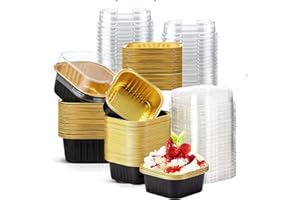 OUKEYI 25 mini tazas cuadradas para hornear, mini moldes de aluminio de 10 onzas con tapas, forros de magdalenas, tazas de pastel de natillas y recuerdos de reunión de catering (negro)