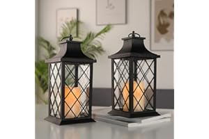 JHY DESIGN Lanterna Sospesa con Candela Batteria Senza Fiamma, Lanterna in Plastica Vetro 30cm con Timer da 6 Ore per Camera da Letto Giardino Corridoio(Confezione da 2,Striscia diamantata)